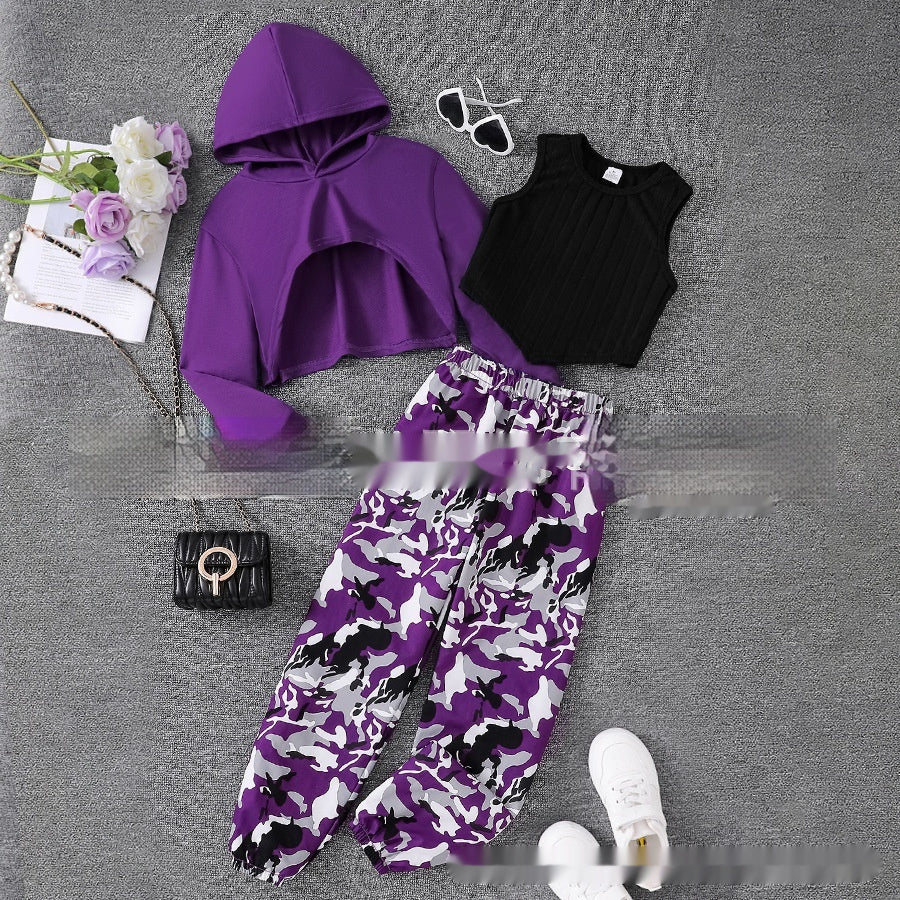 Girls' Cropped Hoodie Rib Vest Camouflage Full Printed Sweatpants Three-piece Set