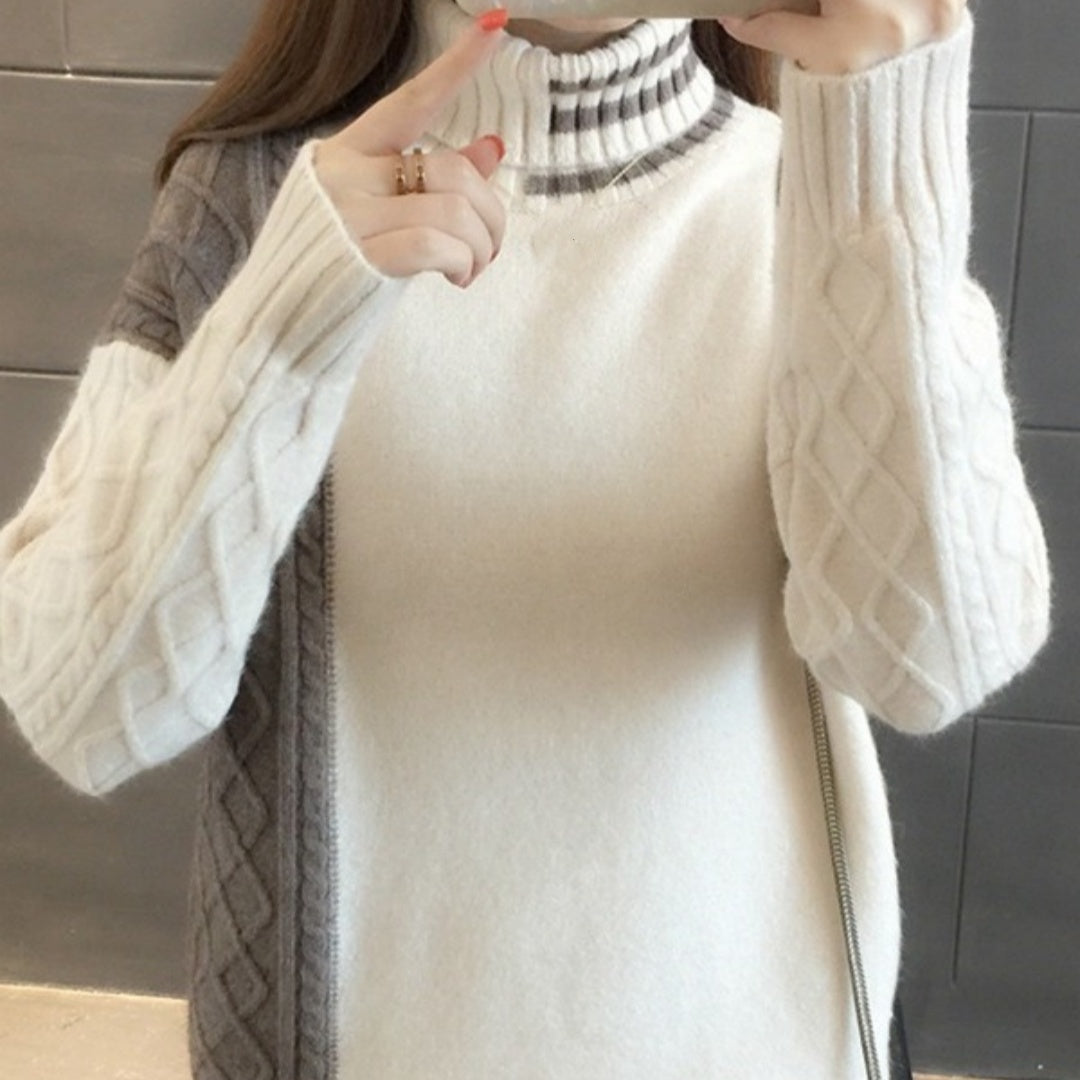 Fashion Polo Collar Contrast Colour High Class Elegant Design Woolen Skirt Two-piece Set