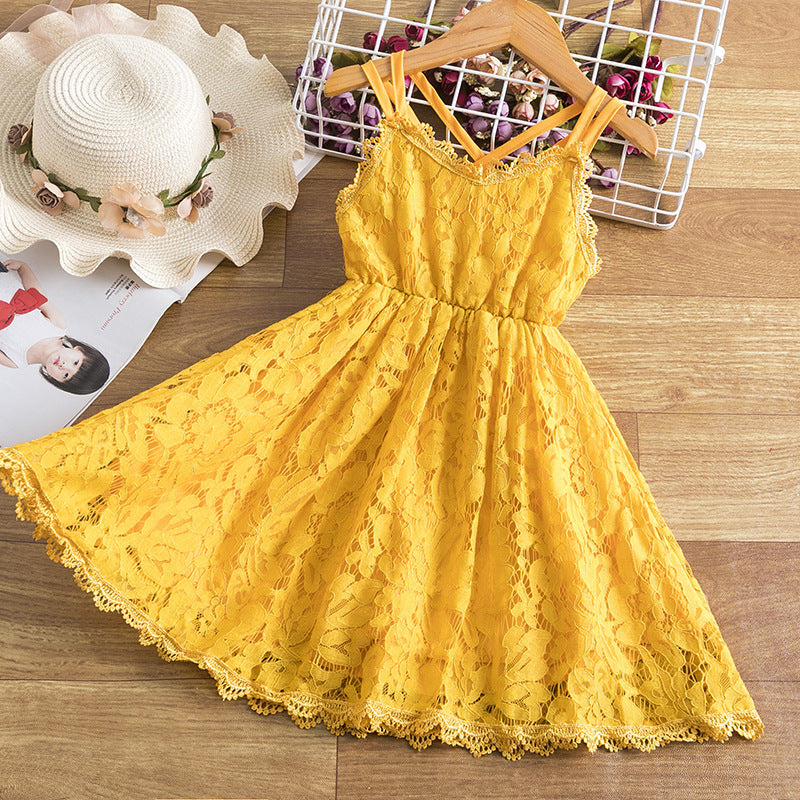 Girls' Embroidered Skirt Lace Dress With Straps