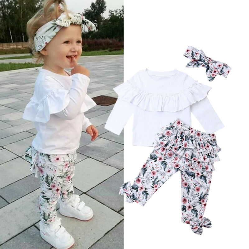 Girls' Lace Blouse With Multi-layer Printing Trousers And Flower Headband 3pc Set