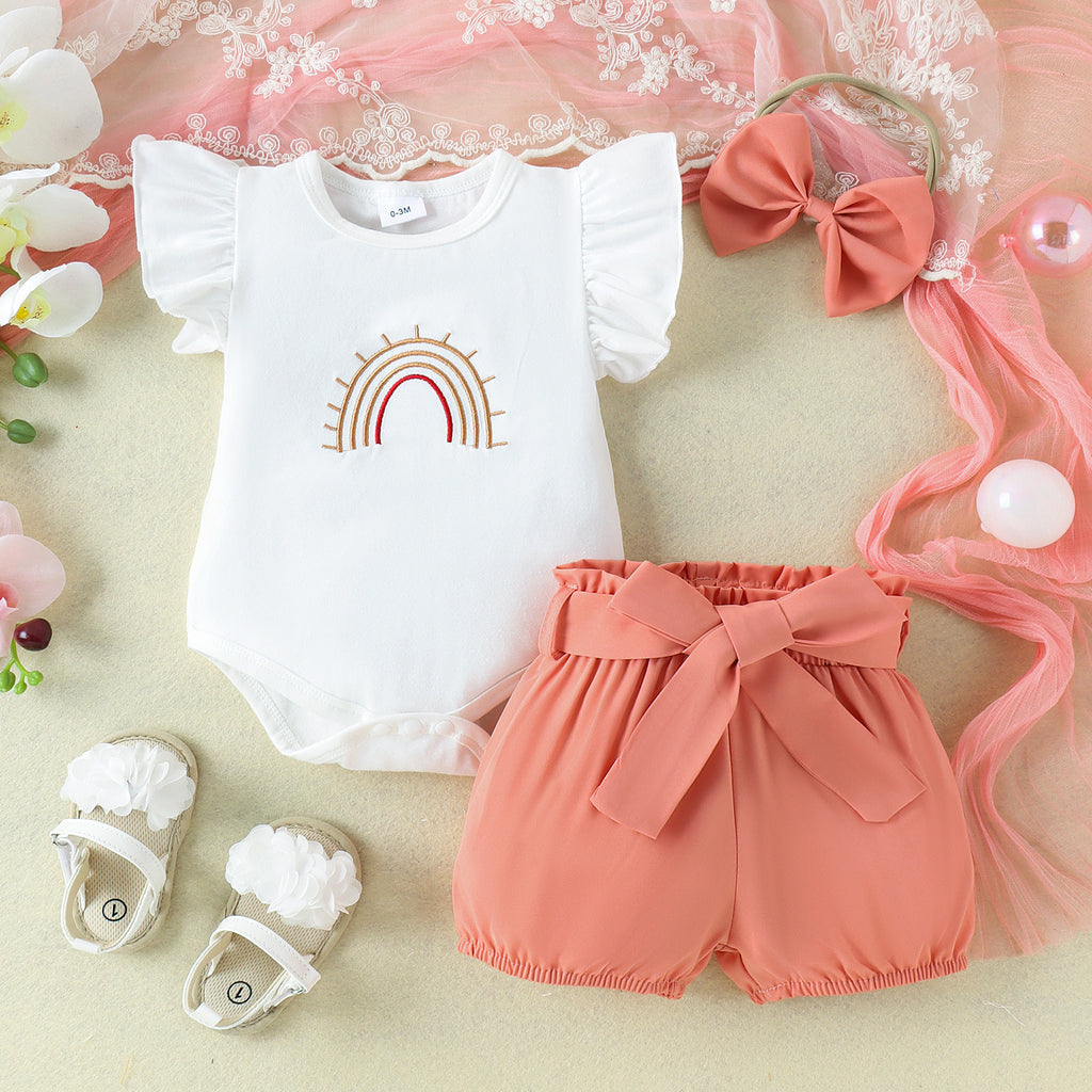 Girls' White Rainbow Embroidered Romper Shorts Set