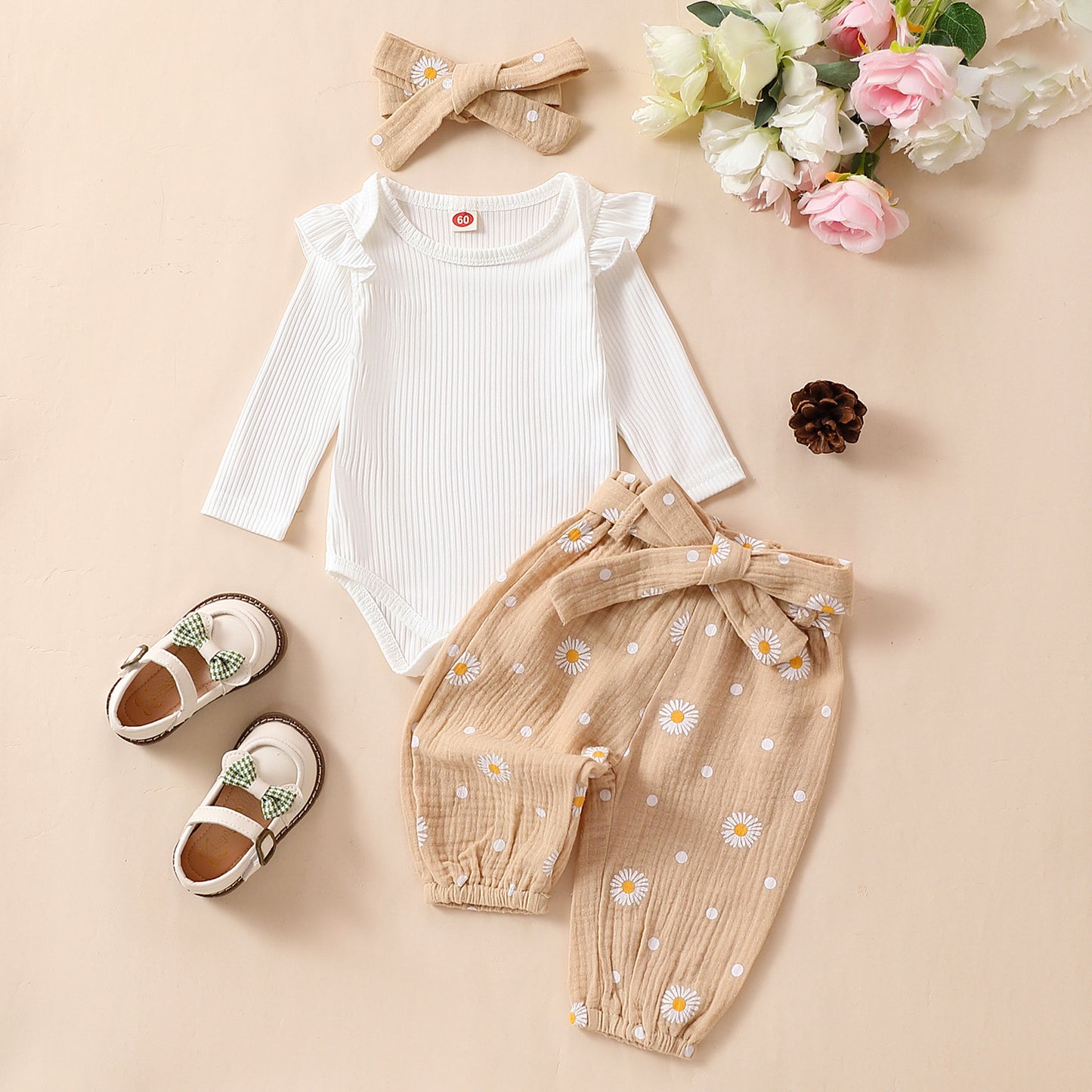 Baby Girls' Simple And Versatile Bow Three Piece Set