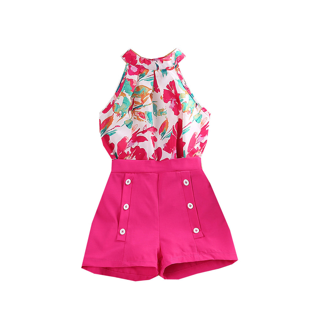 Girl's Summer Printed Halter Top & Shorts Set