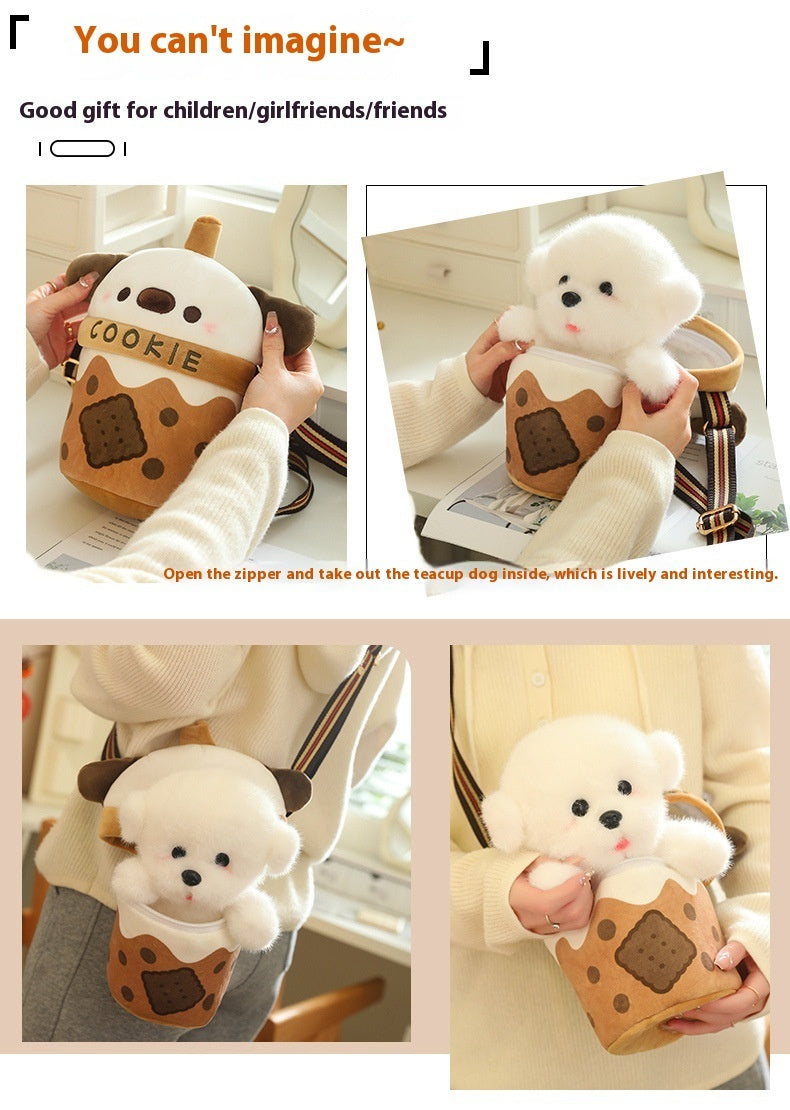 Milky Tea Cup Dog Crossbody Shoulder Bag Doll Plush Toy