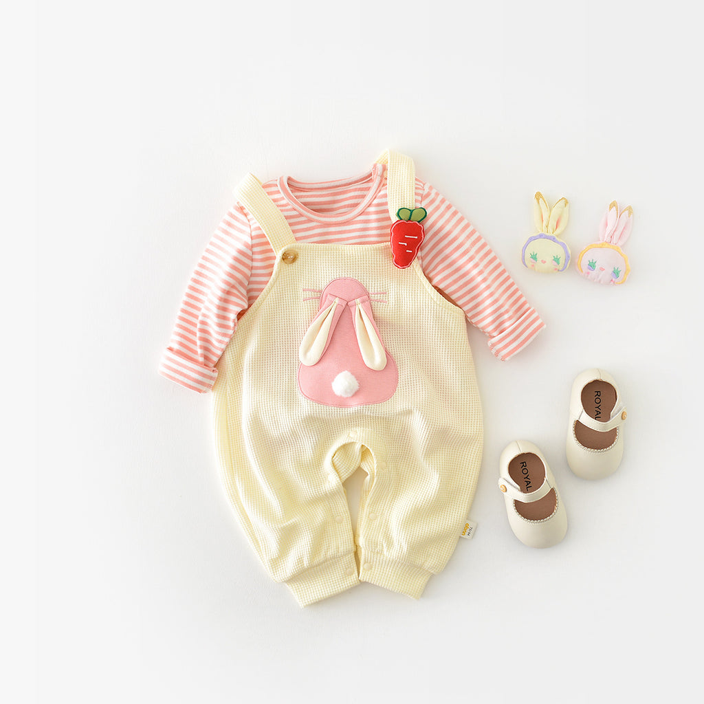 Infant Fashionable Cartoon Bunny Suspender Pants Baby Striped T-shirt Two-piece Set