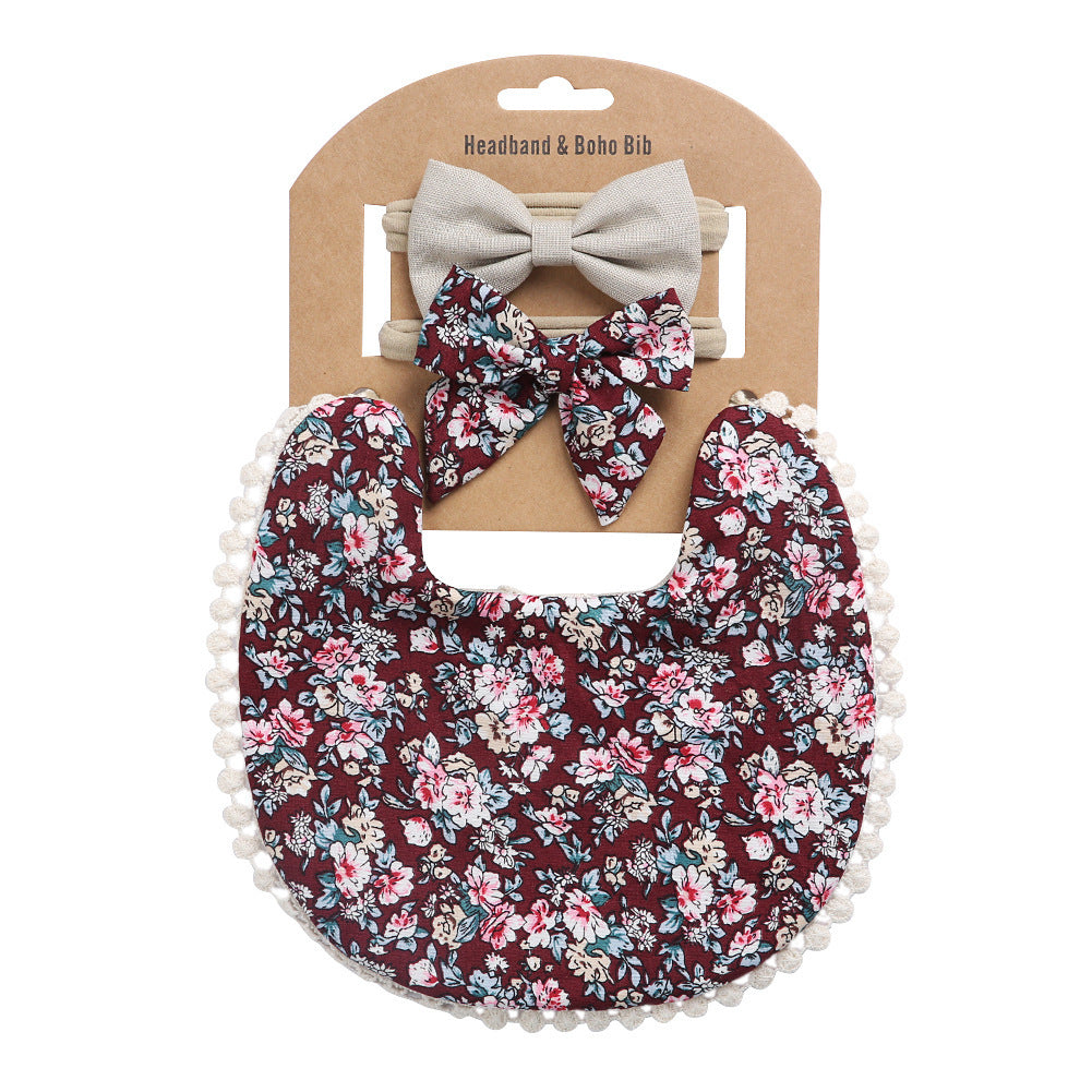 Newborn Baby Cute Floral Cotton Saliva Bib With Headband Set