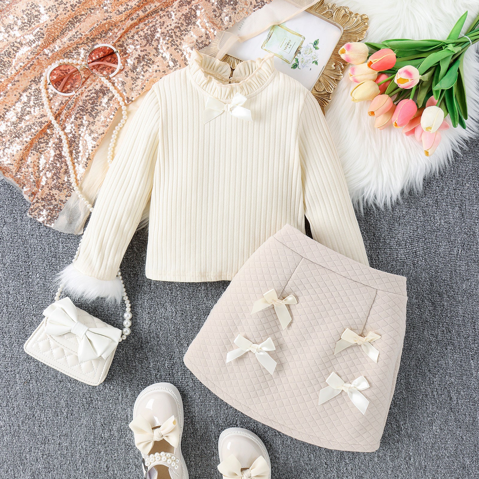 Girls' Knitted Sweater And Skirt Two-piece Set