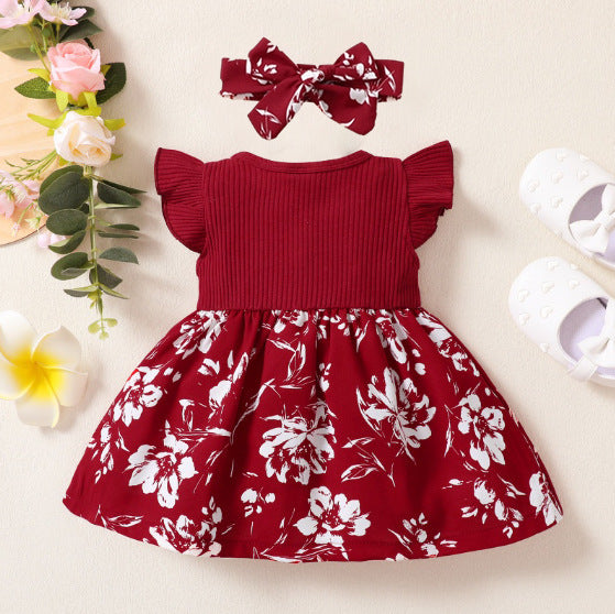 Girls' Cute Floral Flying Sleeve Dress Hair Band Two-piece Set