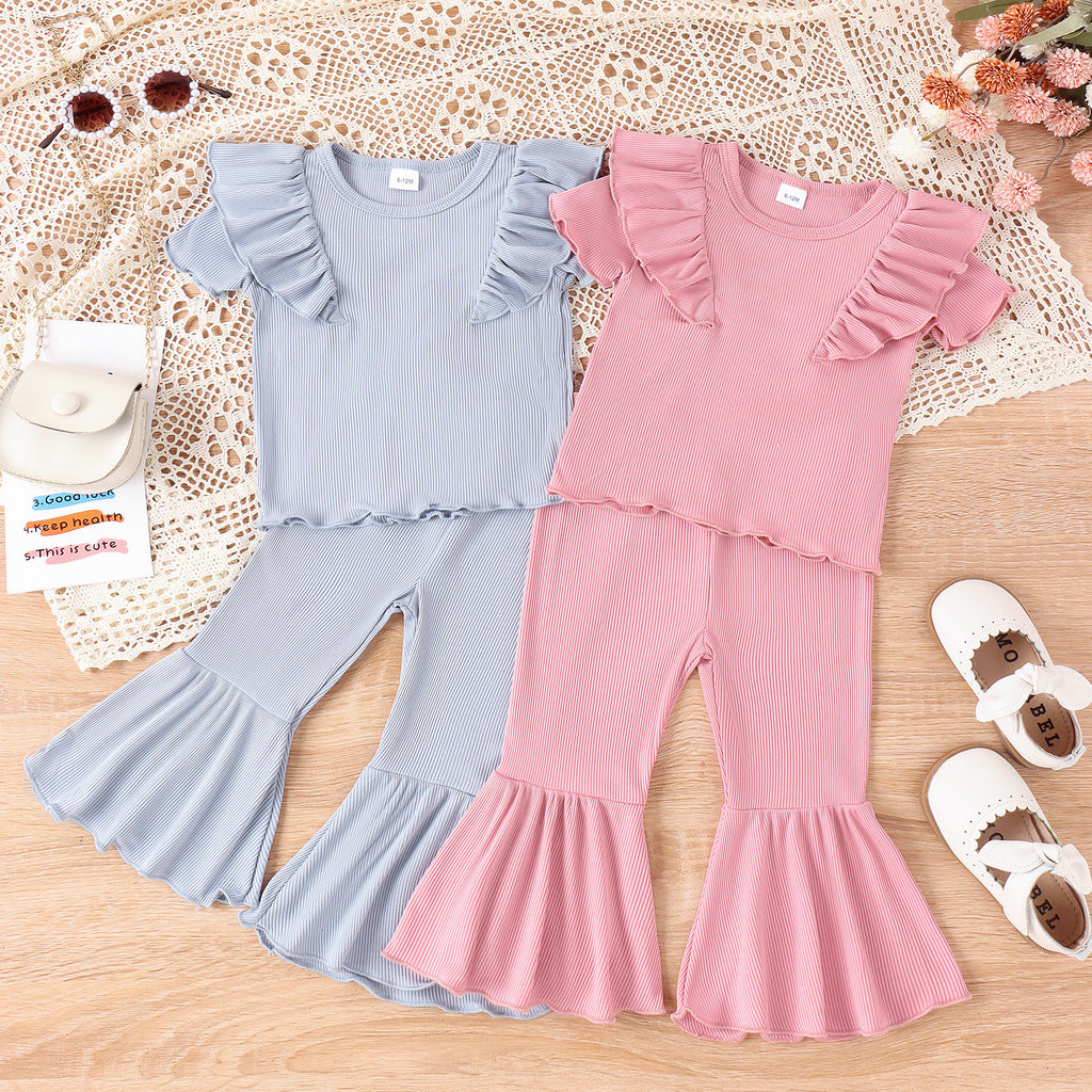 Baby/Toddler Girls' Sweet Leisure Solid Color Short Sleeve Top, Bell-bottom Pants 2pc Set