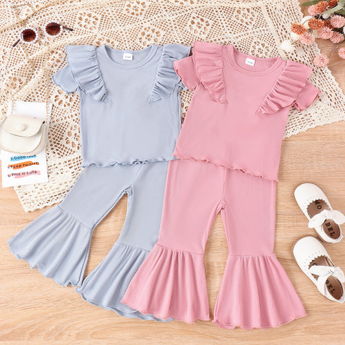 Baby/Toddler Girls' Sweet Leisure Solid Color Short Sleeve Top, Bell-bottom Pants 2pc Set