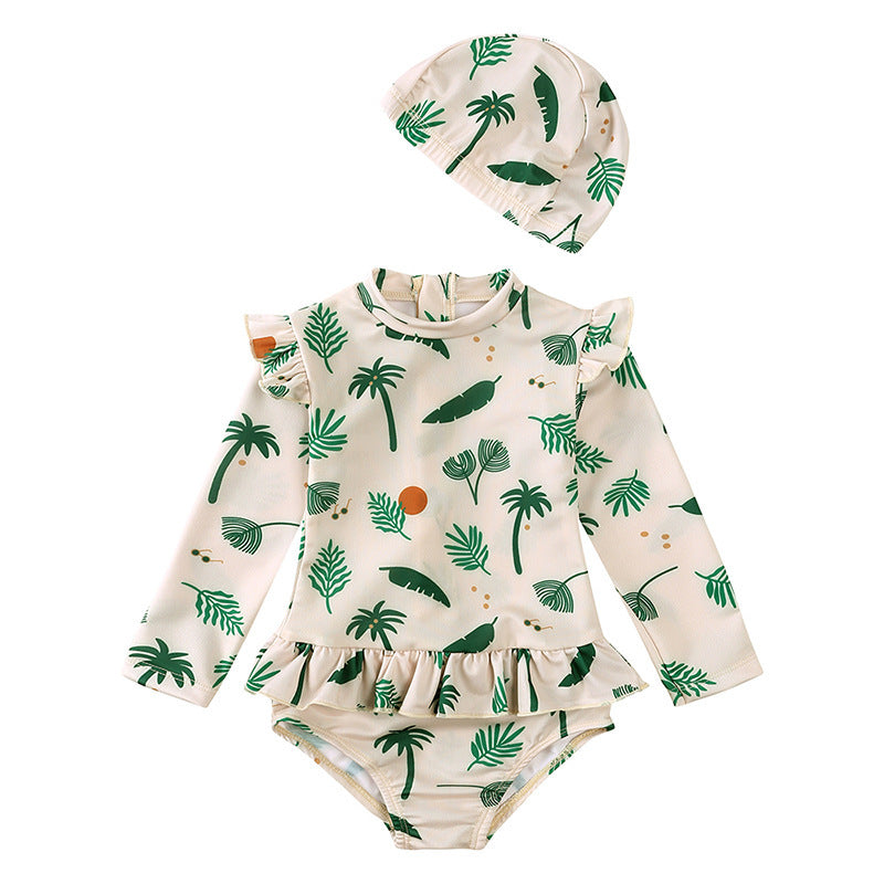 Girls' Floral Fresh Long-sleeved Quick-drying One-piece Swimsuit