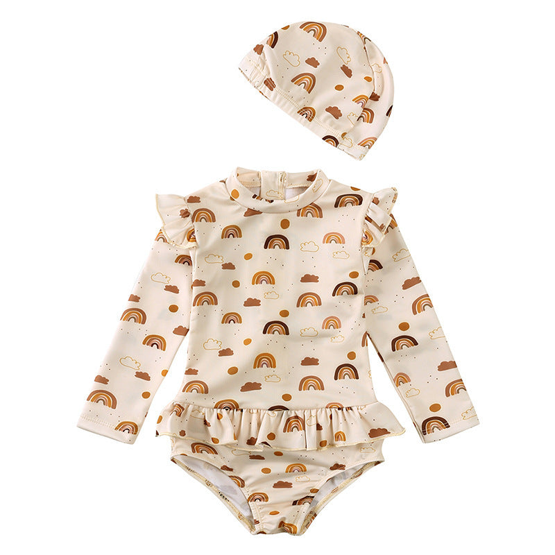 Girls' Floral Fresh Long-sleeved Quick-drying One-piece Swimsuit