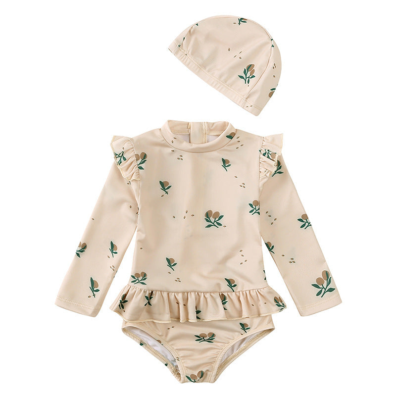 Girls' Floral Fresh Long-sleeved Quick-drying One-piece Swimsuit