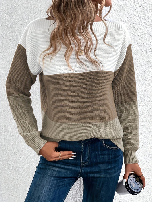 Pullover Knitted Sweater Fashion Round Neck Splicing Knitwear Loose Top Women's Clothing