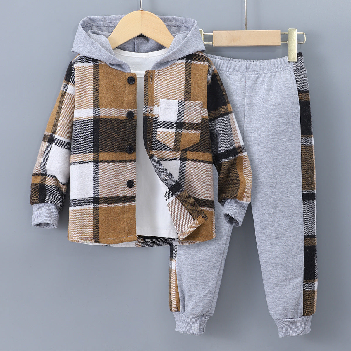 Boys' Long Sleeve Plaid Contrast Color Hoodie Two-piece Set