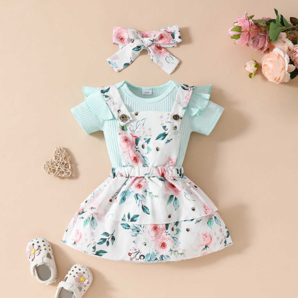 Baby Girl's Summer Short-sleeved Top Suspender Skirt Suit Set