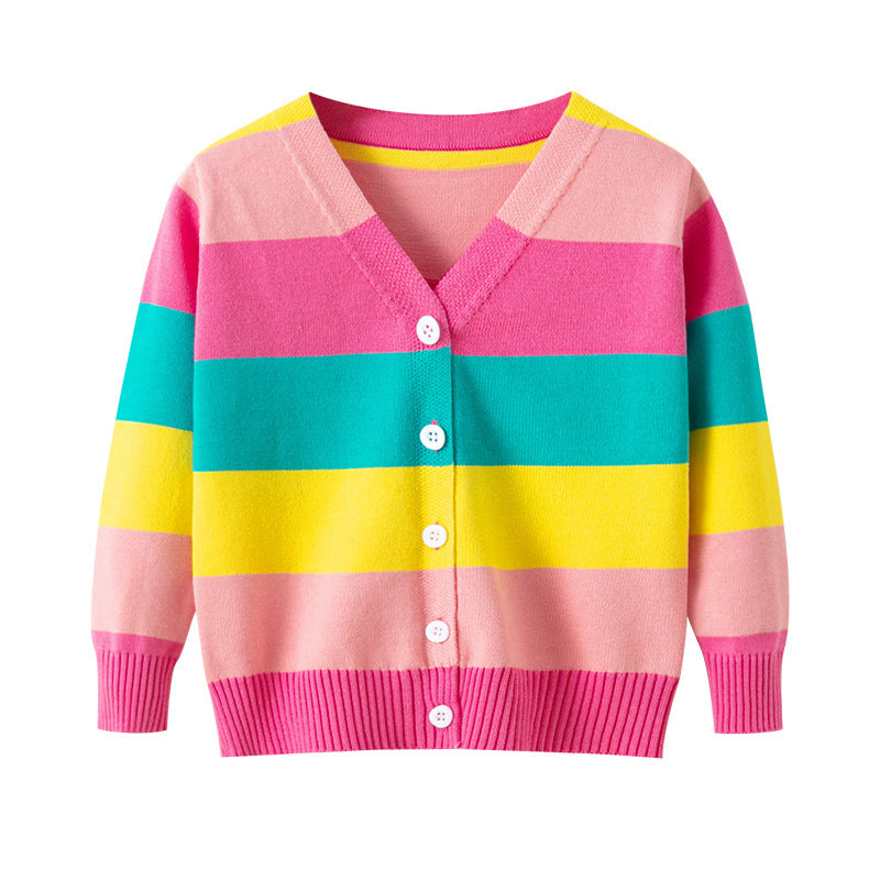 Girls' Cotton Sweater, Rainbow Striped Cardigan