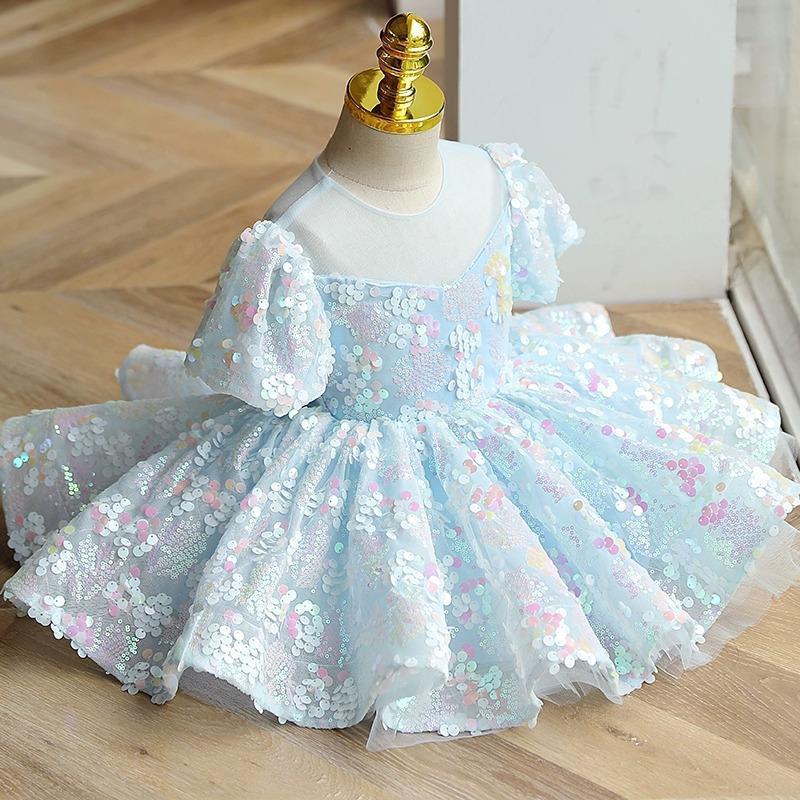 Girls Blue Sequins New Puff Sleeve Umbrella Princess Dress