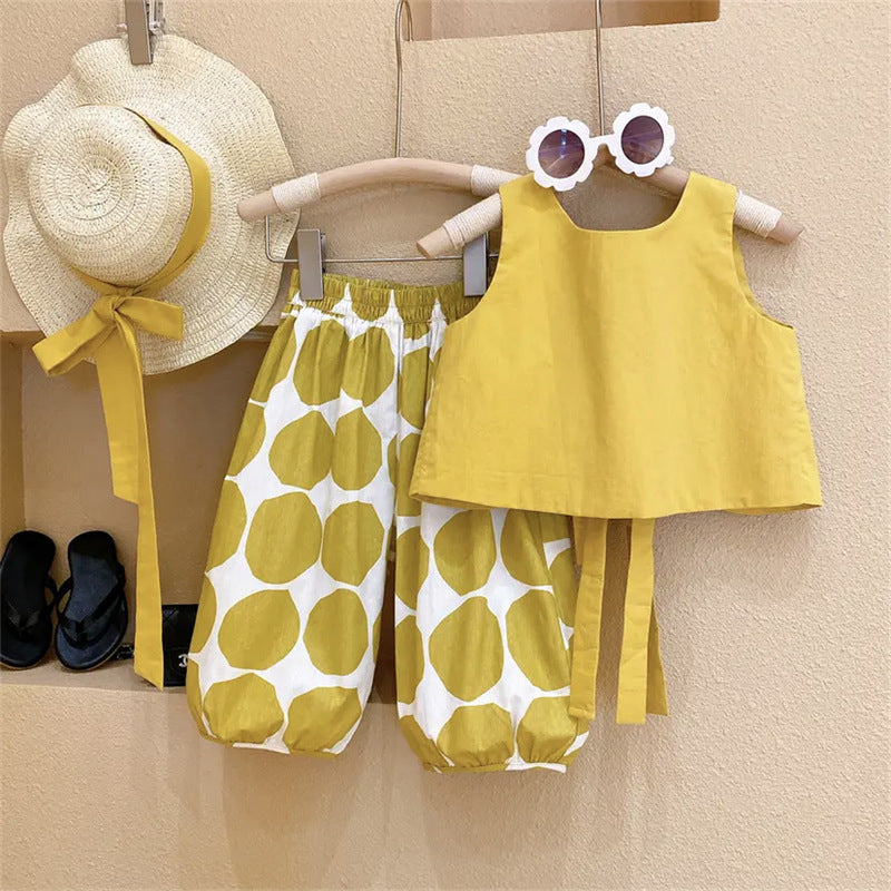 Western Style Backless Thin Pullover Girls' Vest Top Polka Dot Bloomers Two-piece Set