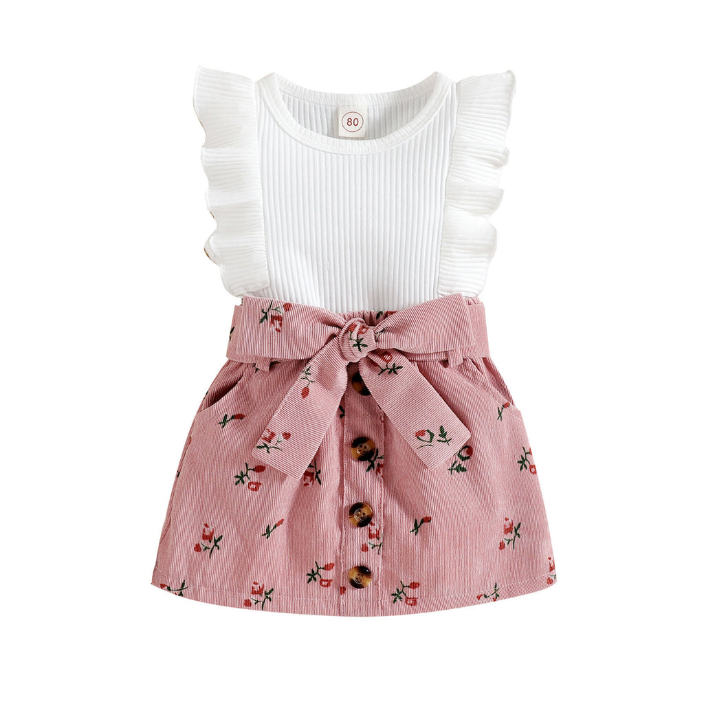 Pit Stripe Flare Sleeveless Floral Corduroy Skirt 2pc Set
