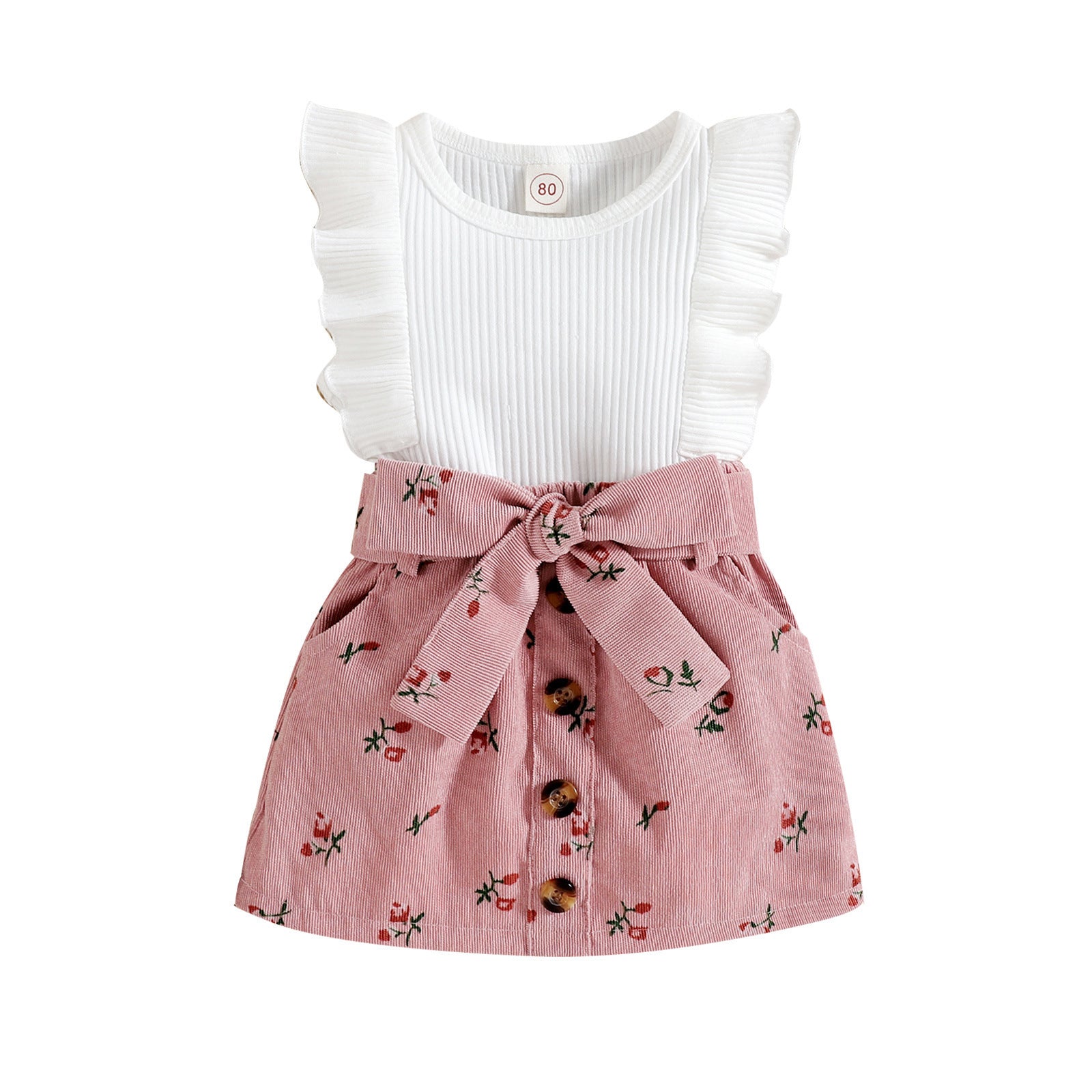 Pit Stripe Flare Sleeveless Floral Corduroy Skirt 2pc Set