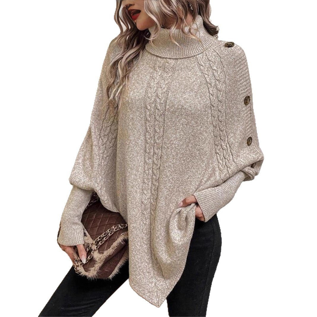 Turtleneck Buttons Decorative Long Sleeve Poncho