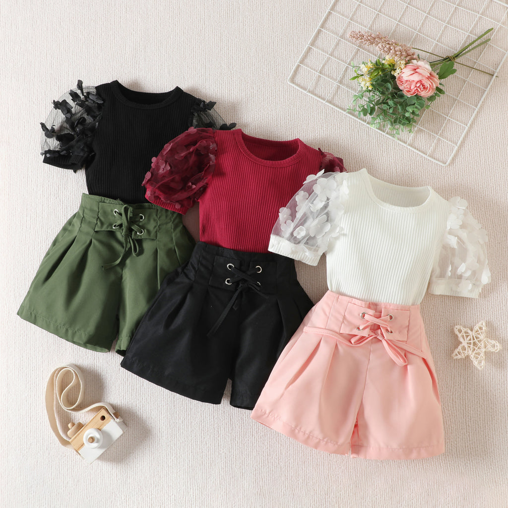 Girls' Summer Mesh Petals Short Sleeve Top & Shorts Set