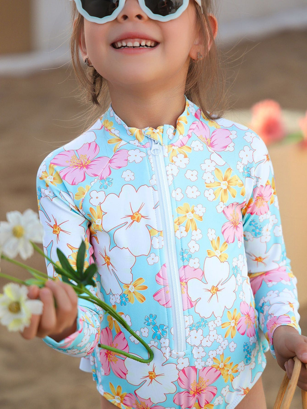 Girls' Summer Breathable One-piece Long Sleeves Printed Cute Swimsuit