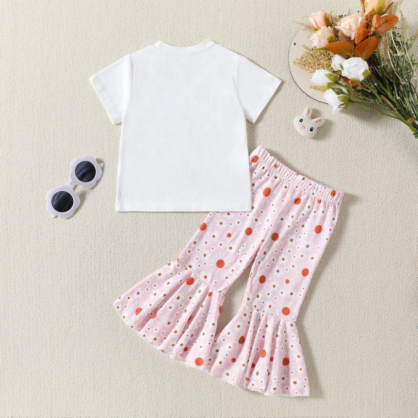 Girls' Flower Print T-shirt Bell-bottom Pants Summer 2pc Set