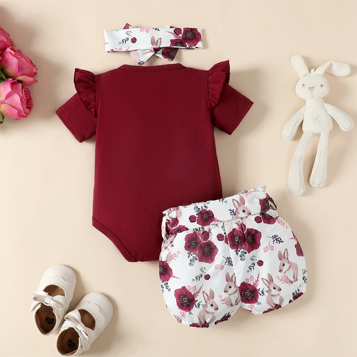 Rabbit Embroidered Flounced Sleeve Onesie Top Rabbit Printed Shorts with Headband 3pc Set