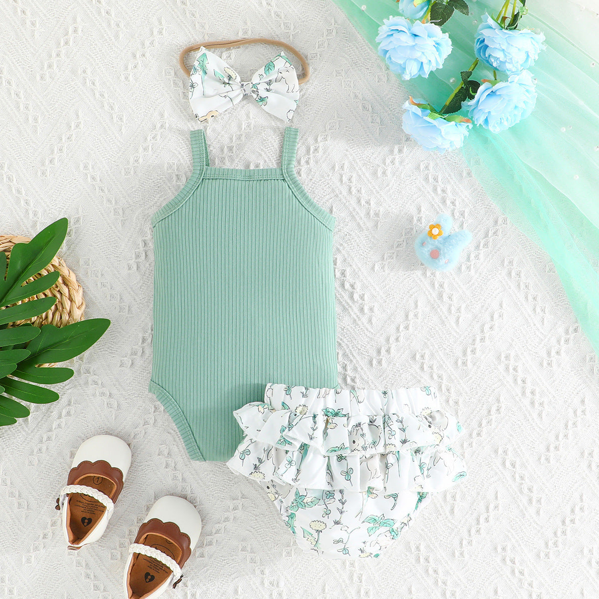 Summer Cute Baby Girl Solid Color Romper Shorts 3pc Set