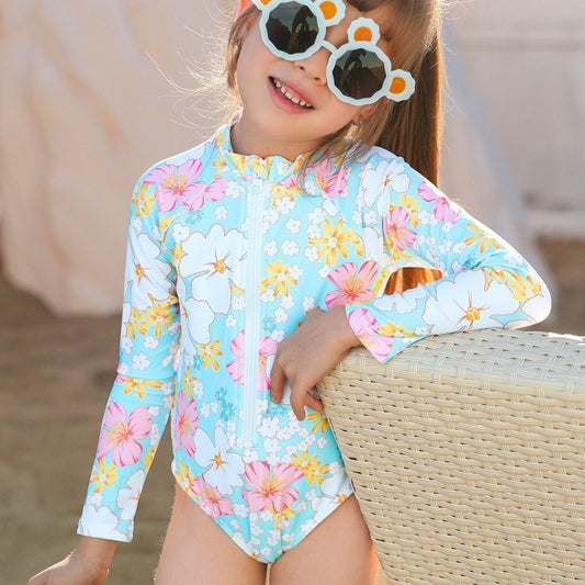 Girls' Summer Breathable One-piece Long Sleeves Printed Cute Swimsuit