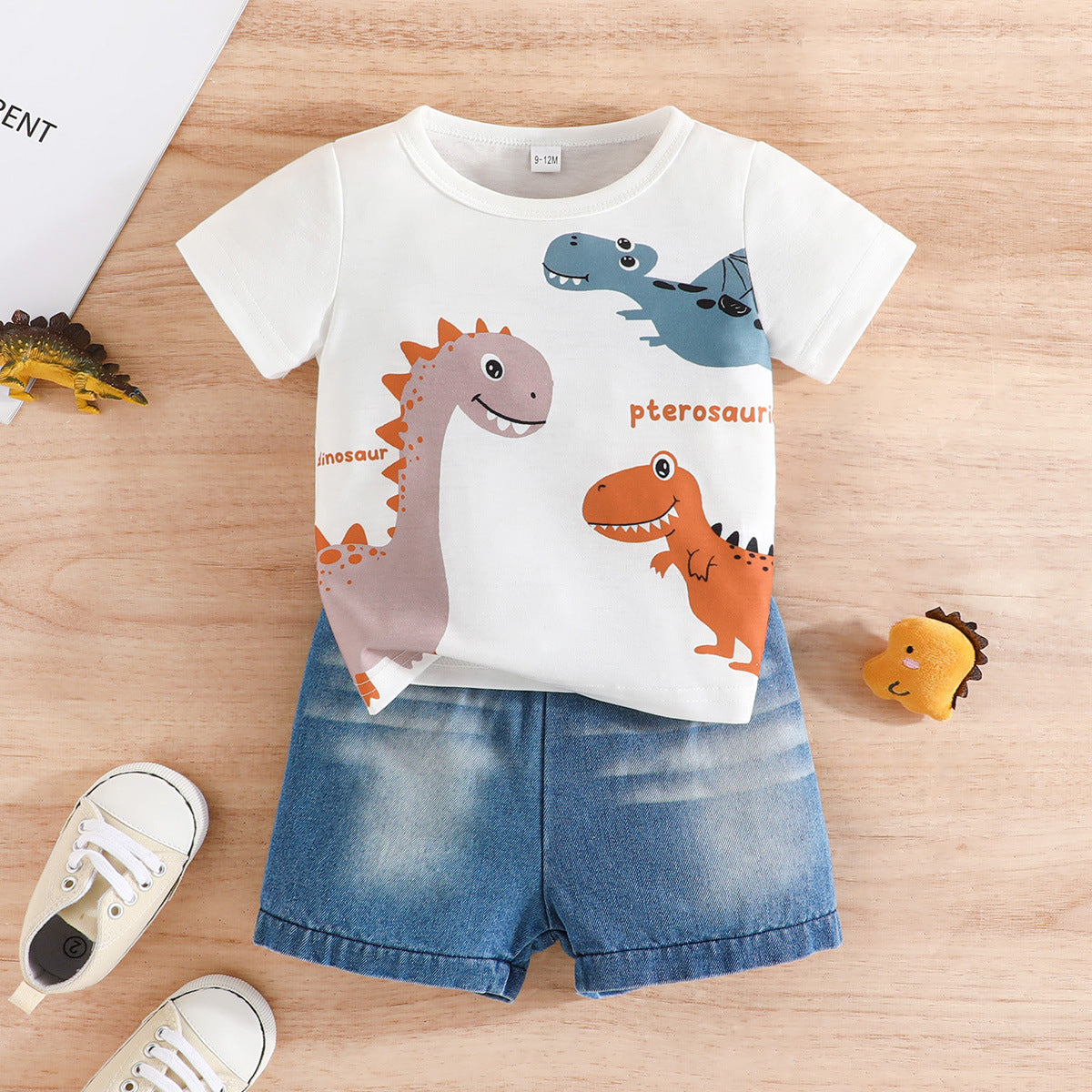 Summer Boy Dinosaur Printed T-shirt Denim Shorts 2pc Set