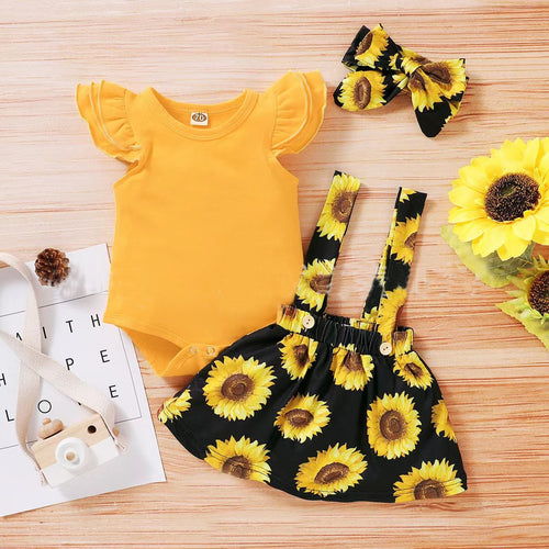 Baby Girls' Sunflower Printing Suit Romper Three-piece Set