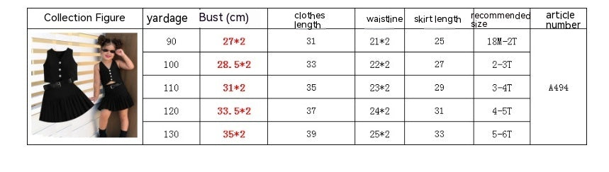 Girls' Fashionable V-neck Solid Color Single-breasted Vest Top Pleated Skirt Belt 3pc Set