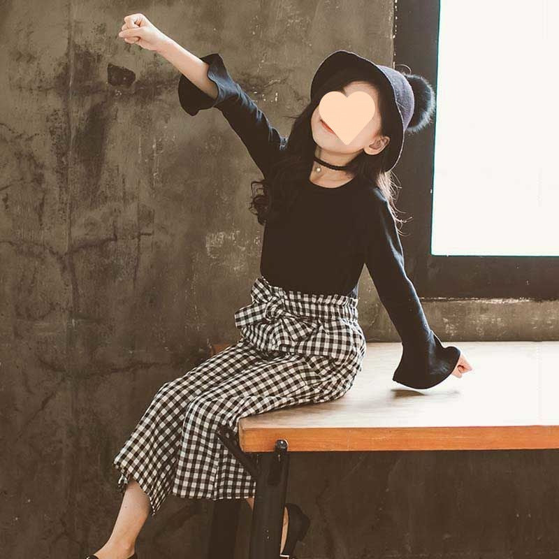 Girls' Black Top With Plaid Pants 2pc Set