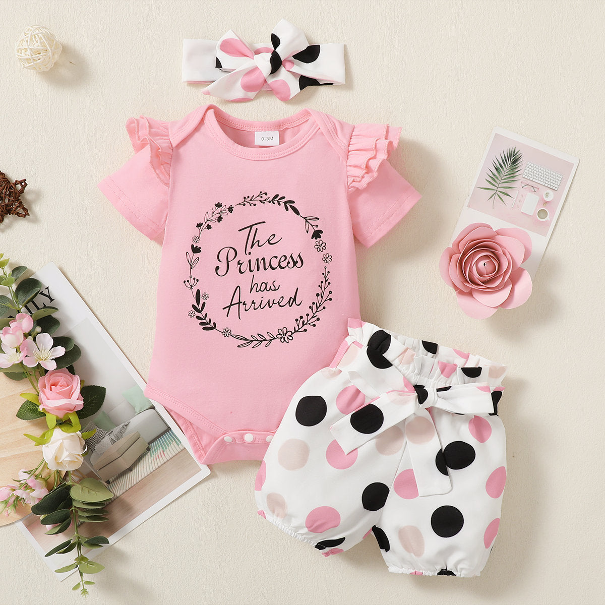 Baby Girl's Letter Short Sleeve Poke A Dot Shorts 2pc Set