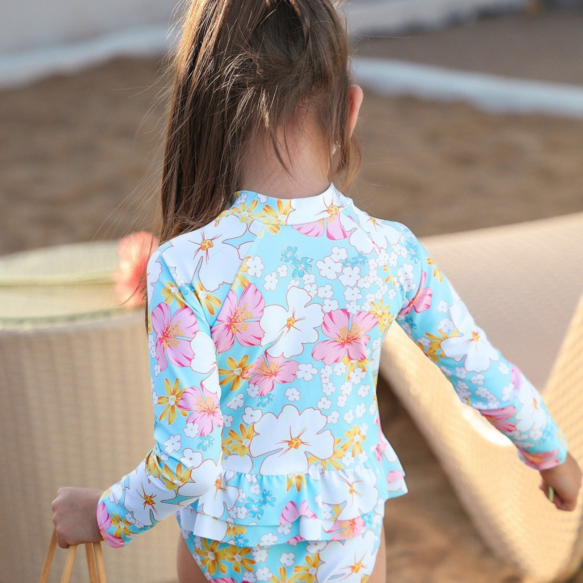 Girls' Summer Breathable One-piece Long Sleeves Printed Cute Swimsuit