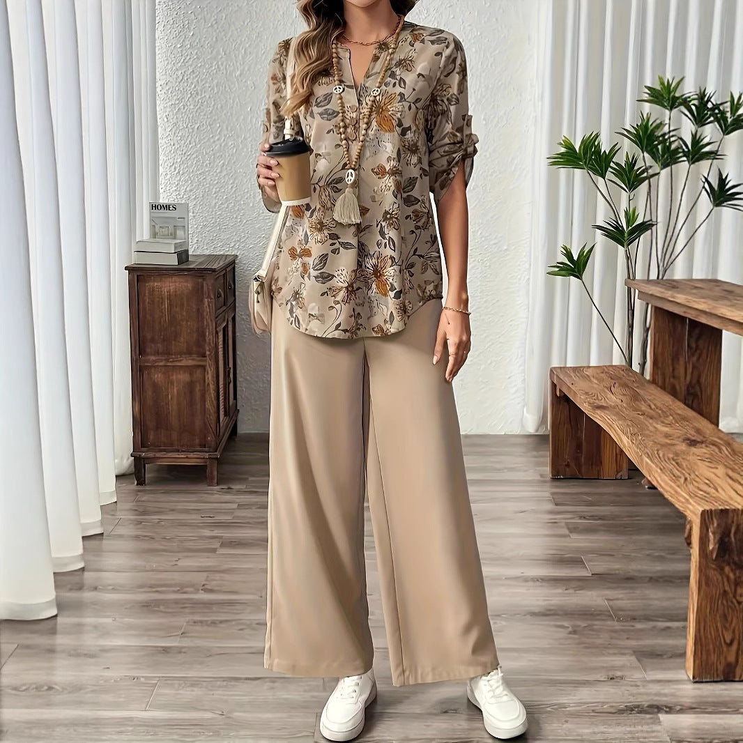 Khaki Printed Wide Leg Relaxed Casual Suit