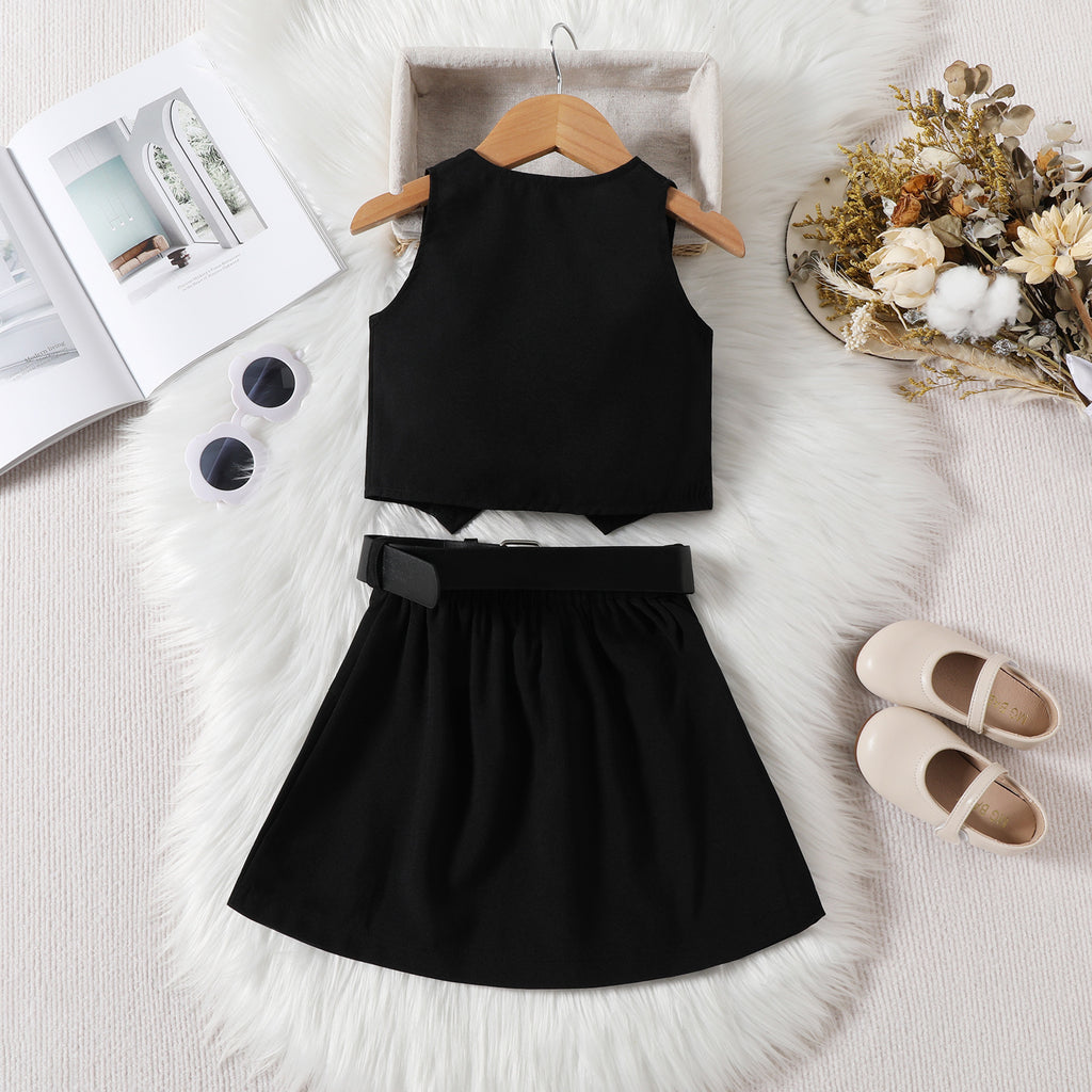 Girls' Fashionable V-neck Solid Color Single-breasted Vest Top Pleated Skirt Belt 3pc Set