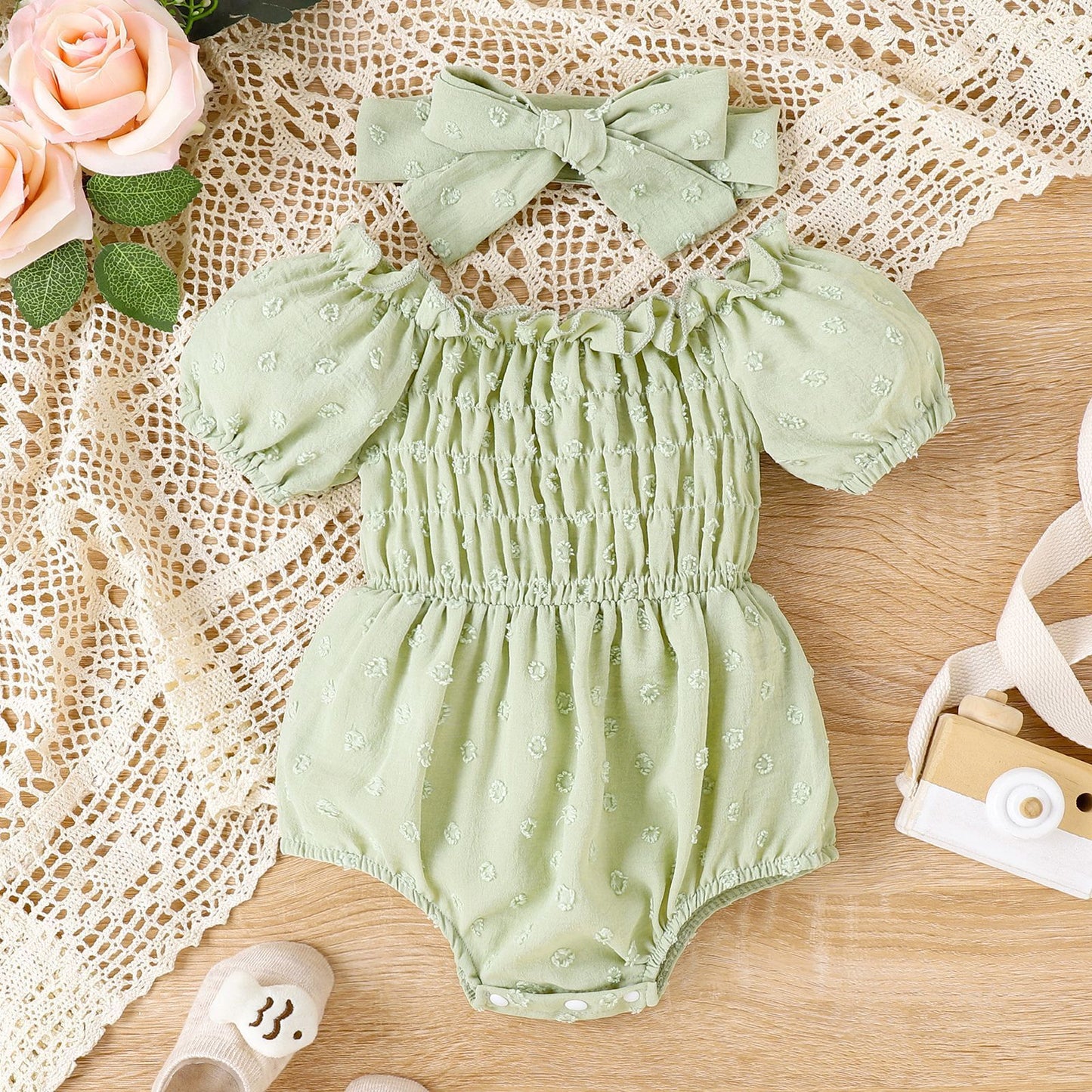 Baby Girl Puff Short Sleeve Romper & Headband Set