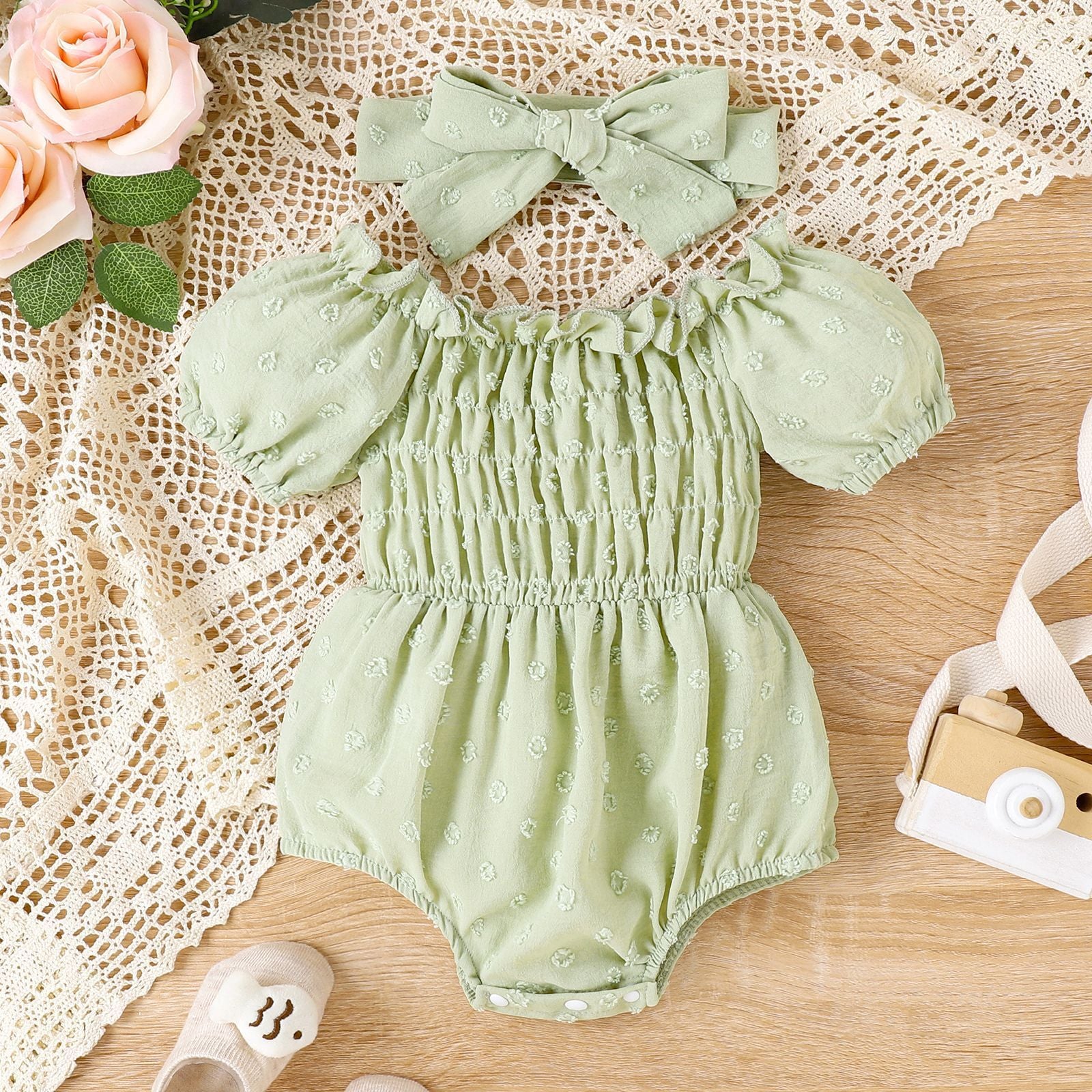 Baby Girl Puff Short Sleeve Romper & Headband Set
