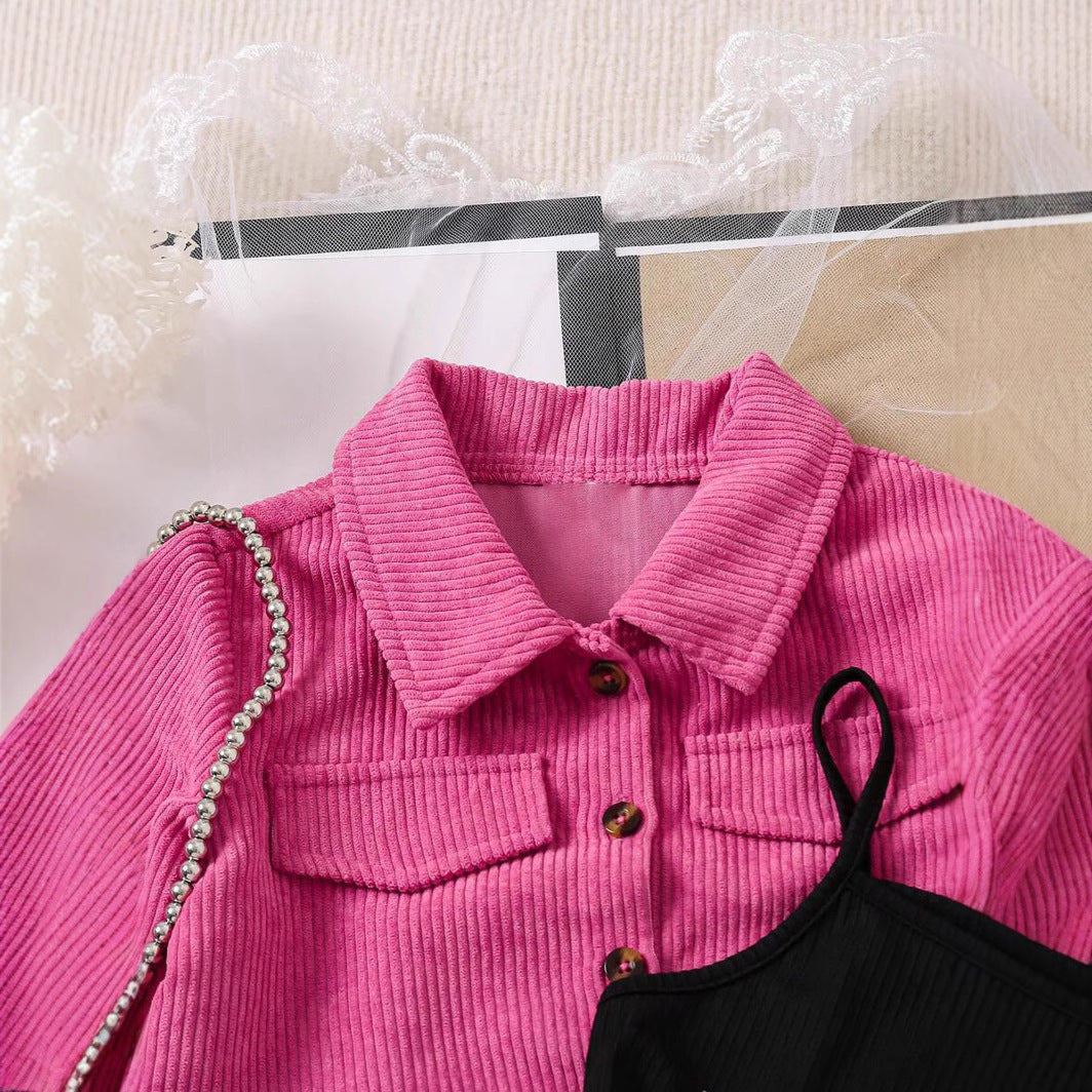 Girls' Spring Autumn Corduroy Short Skirt Sling Three-piece Set