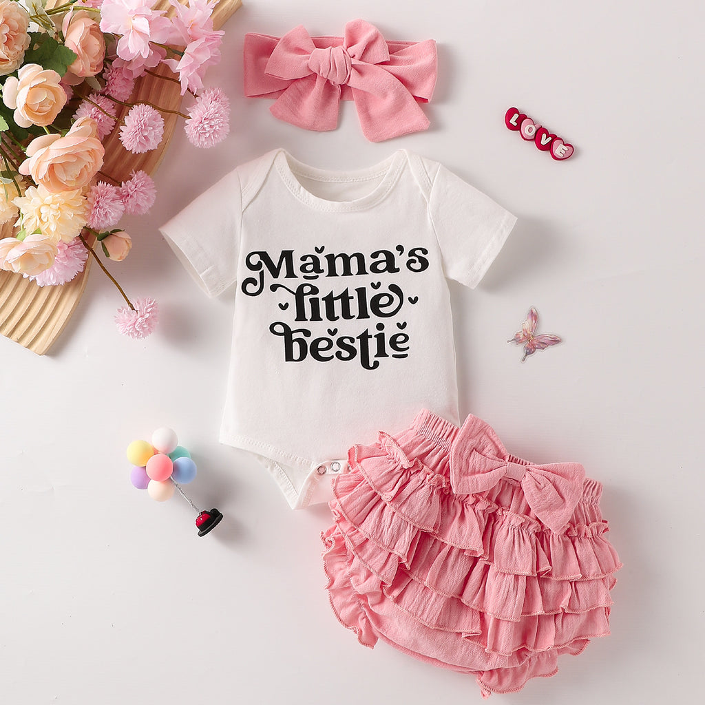 Summer Baby Girl Letter Print Short Sleeve Onesie, Short Skirt & Headband