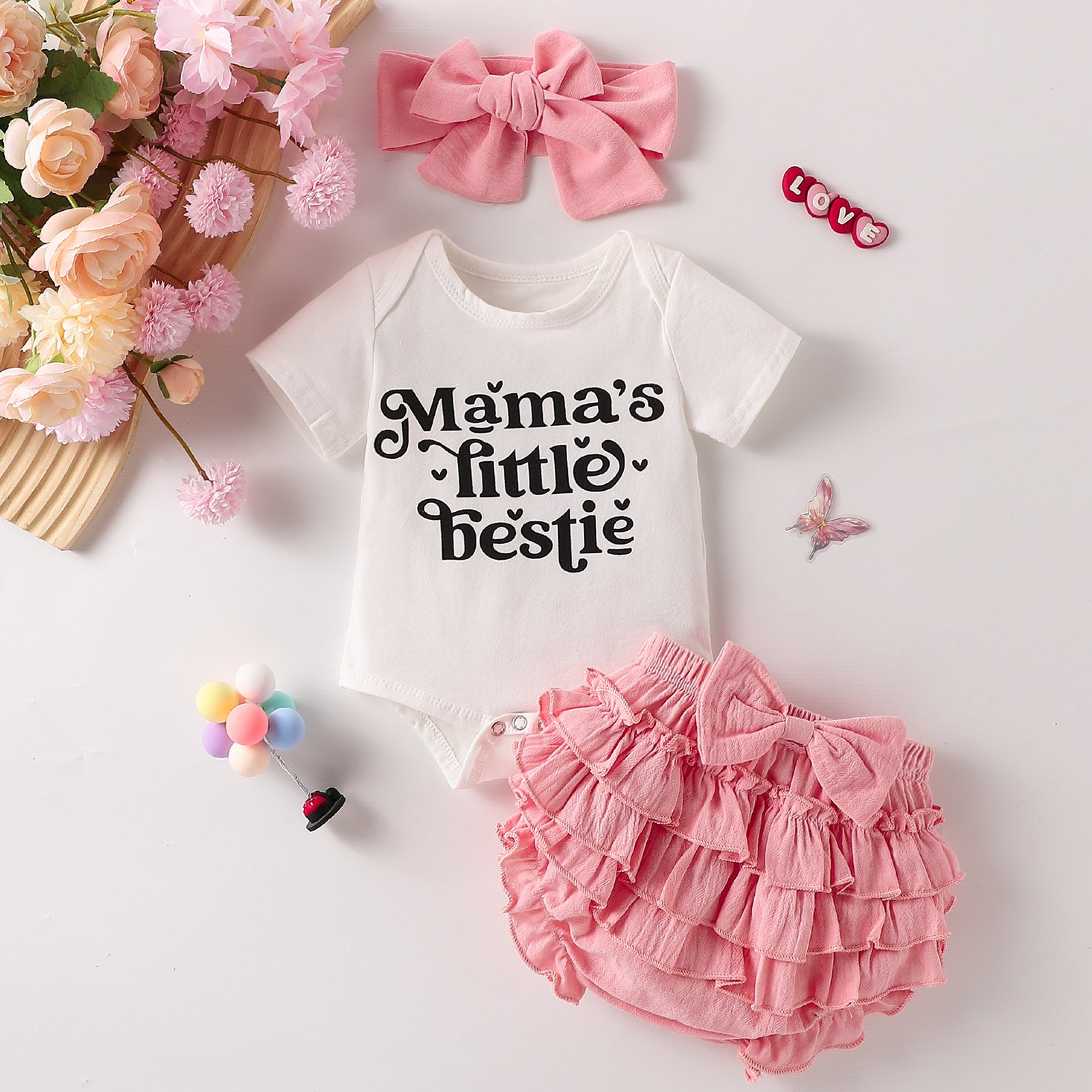 Summer Baby Girl Letter Print Short Sleeve Onesie, Short Skirt & Headband