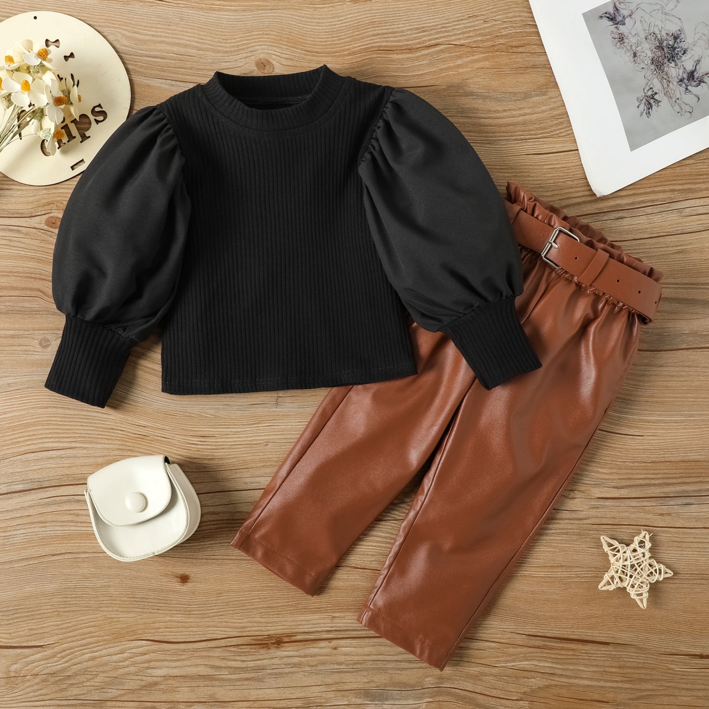 Children's Toddler Girls' Fashion Puff Sleeve Straight Leather Pants Including Belt Autumn & Winter 2pc Suit