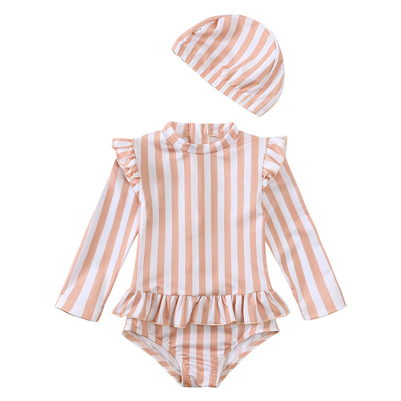 Girls' Floral Fresh Long-sleeved Quick-drying One-piece Swimsuit
