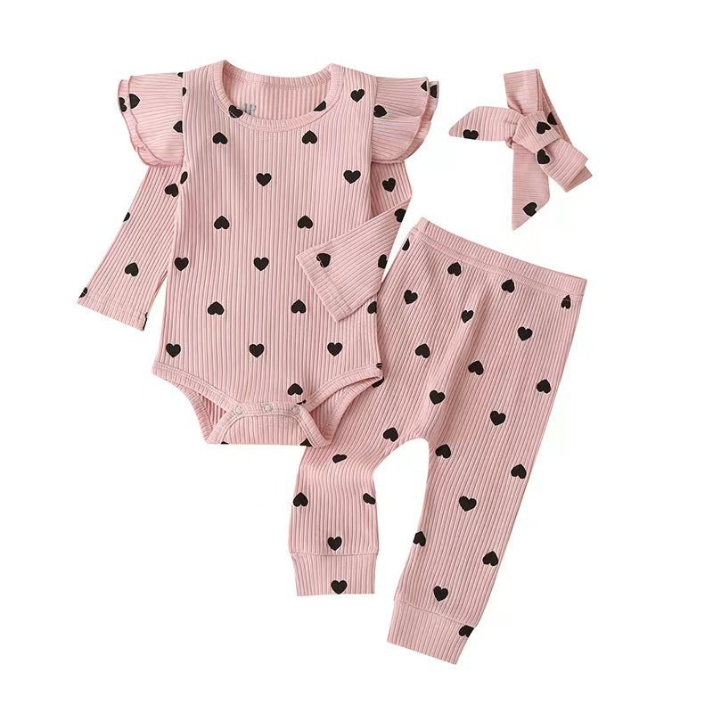 Baby Girl Love Printed Romper 3pc Set