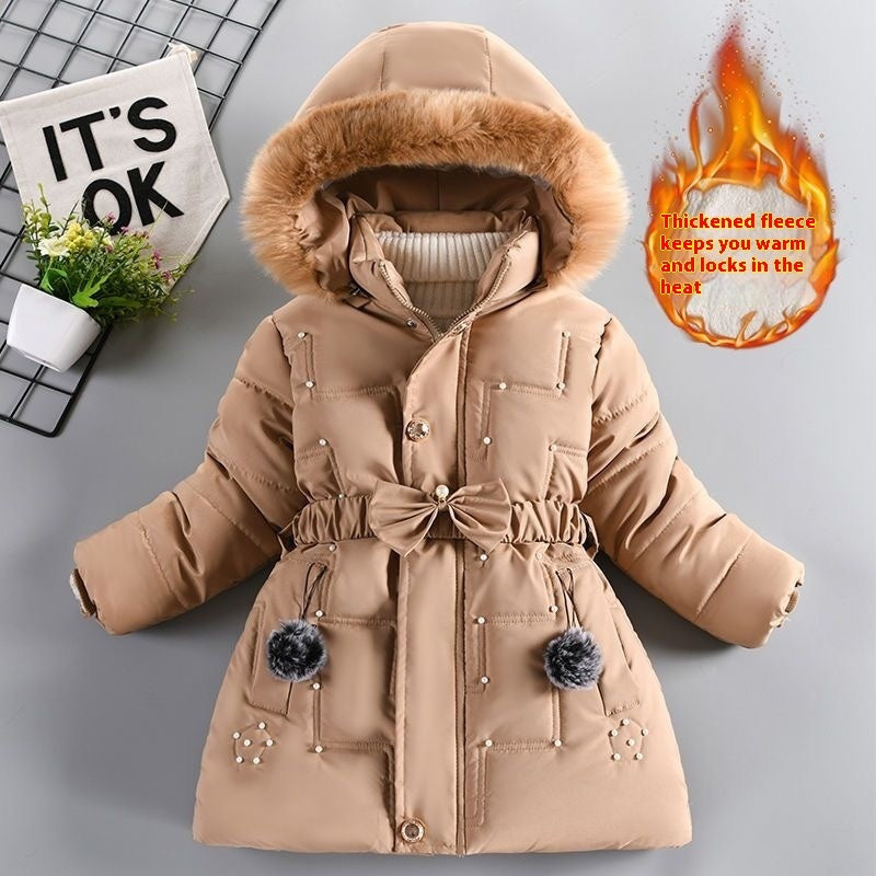 Girls' Winter Fleece-lined Coat, Thickened Cotton Jacket