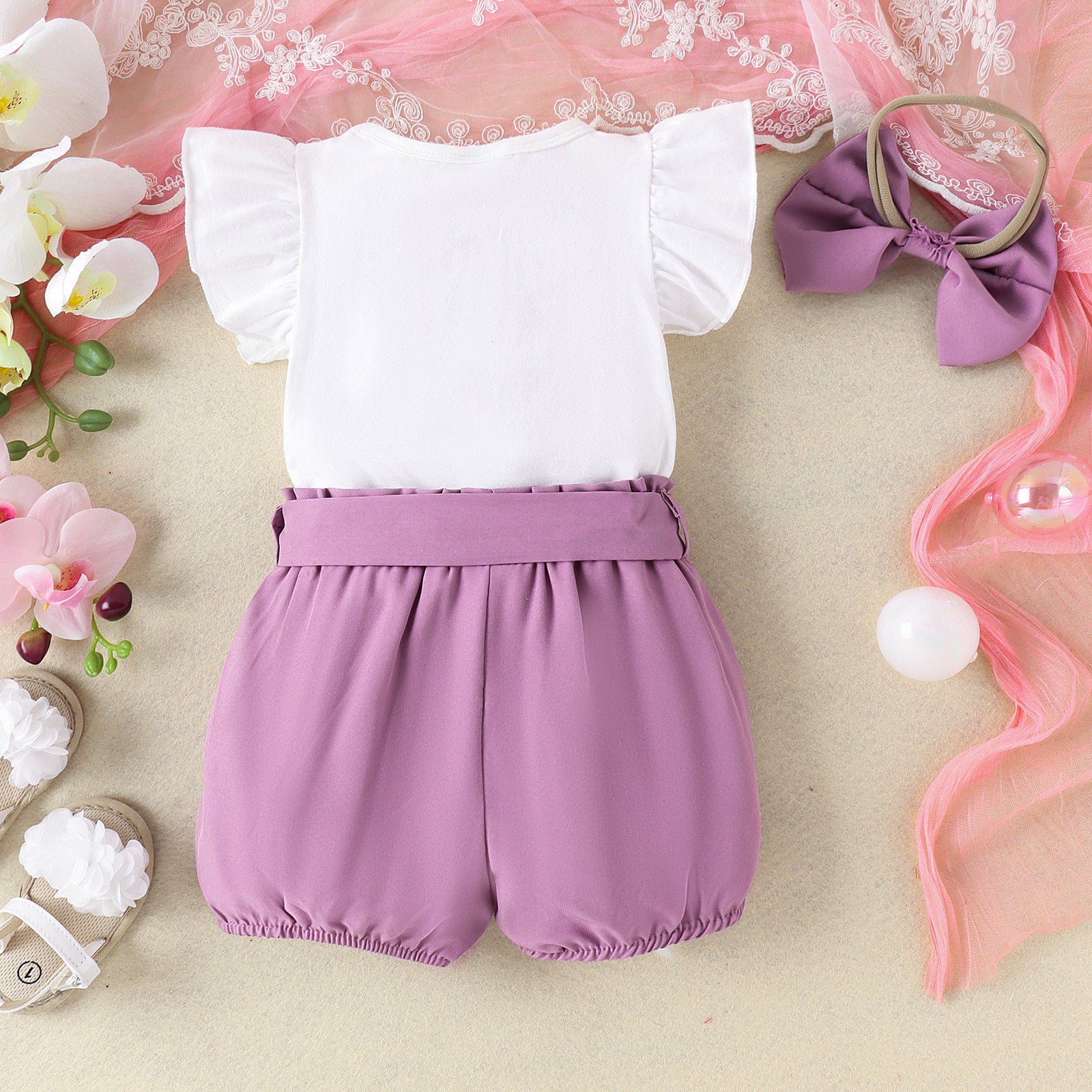 Girls' White Rainbow Embroidered Romper Shorts Set